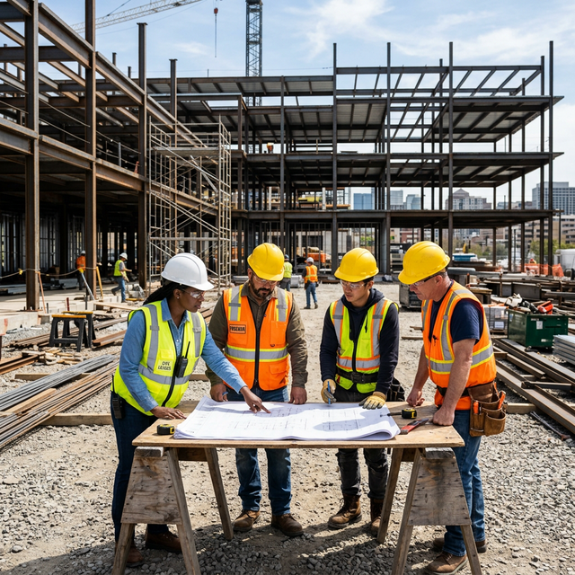 Construction workers reviewing blueprints on site