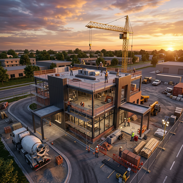 3D render of a commercial restaurant under construction with cranes and steel framing