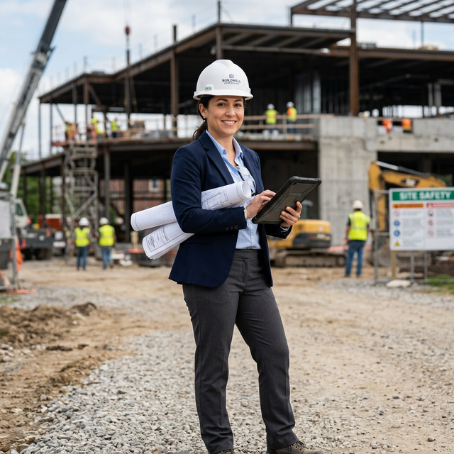 Project manager reviewing blueprints on site